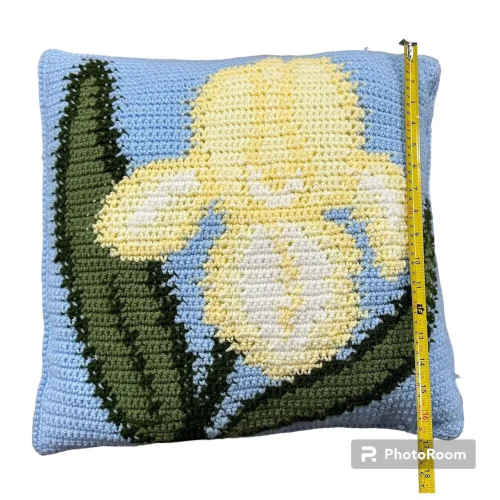 Crocheted Throw Pillow Yellow Iris Flower Baby Blue Handmade Cottage Farmhouse